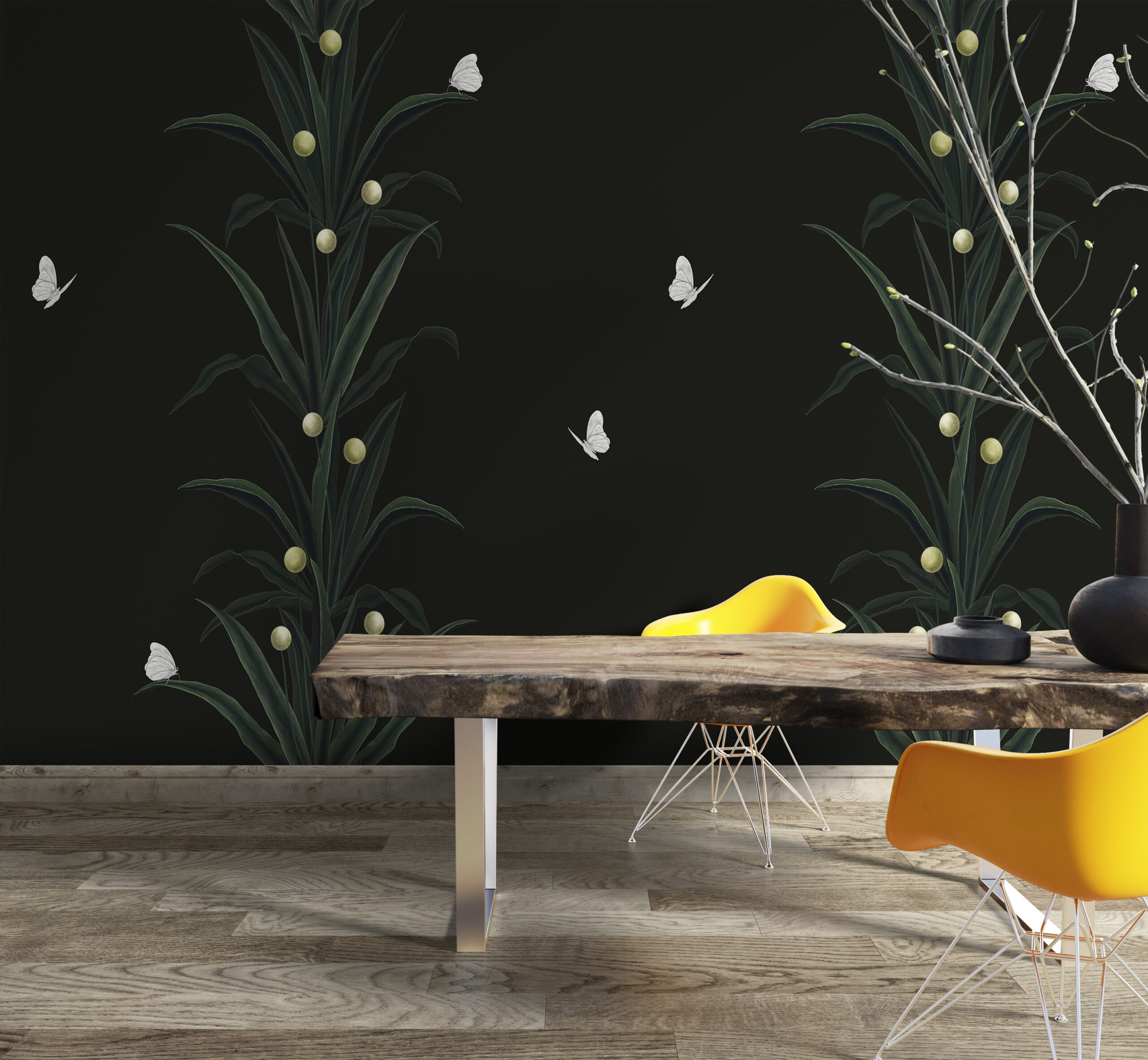 Fototapete Pflanzen auf einem schwarzen Hintergrund