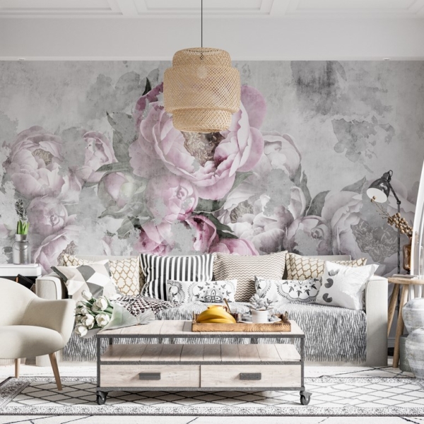 Fototapete Rosa Pfingstrosen verschwommen in Grau