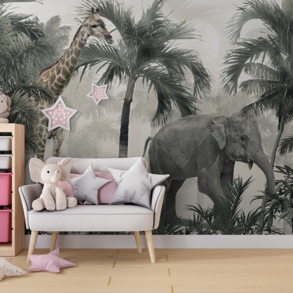 Fototapete Elefant und Giraffe im Dschungel