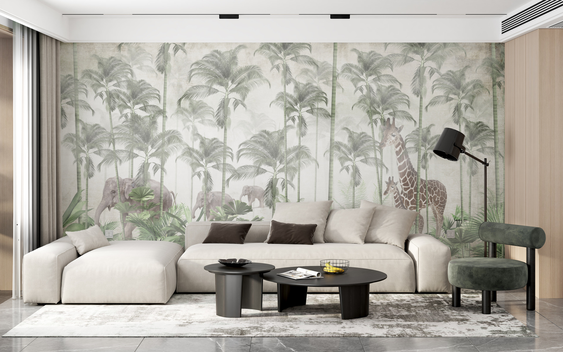 Wandgemälde mit laufenden Giraffen und Elefanten