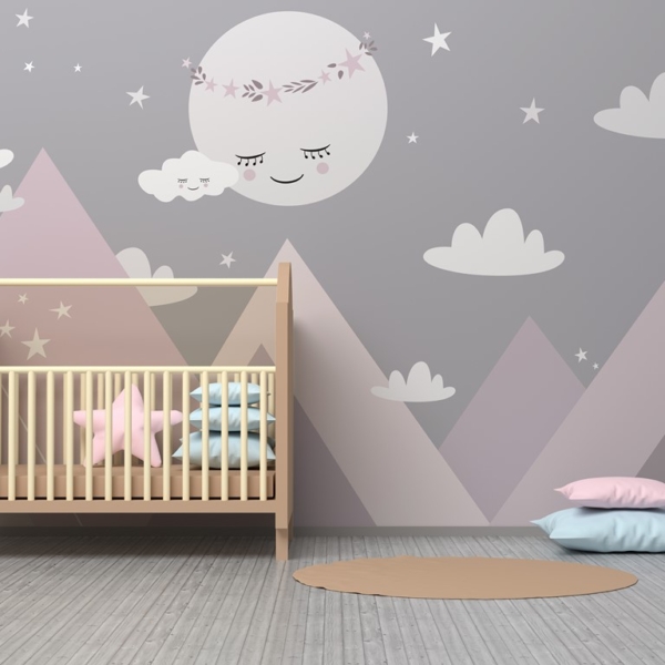 Fototapete Schlafender Mond in den Bergen für Kinder