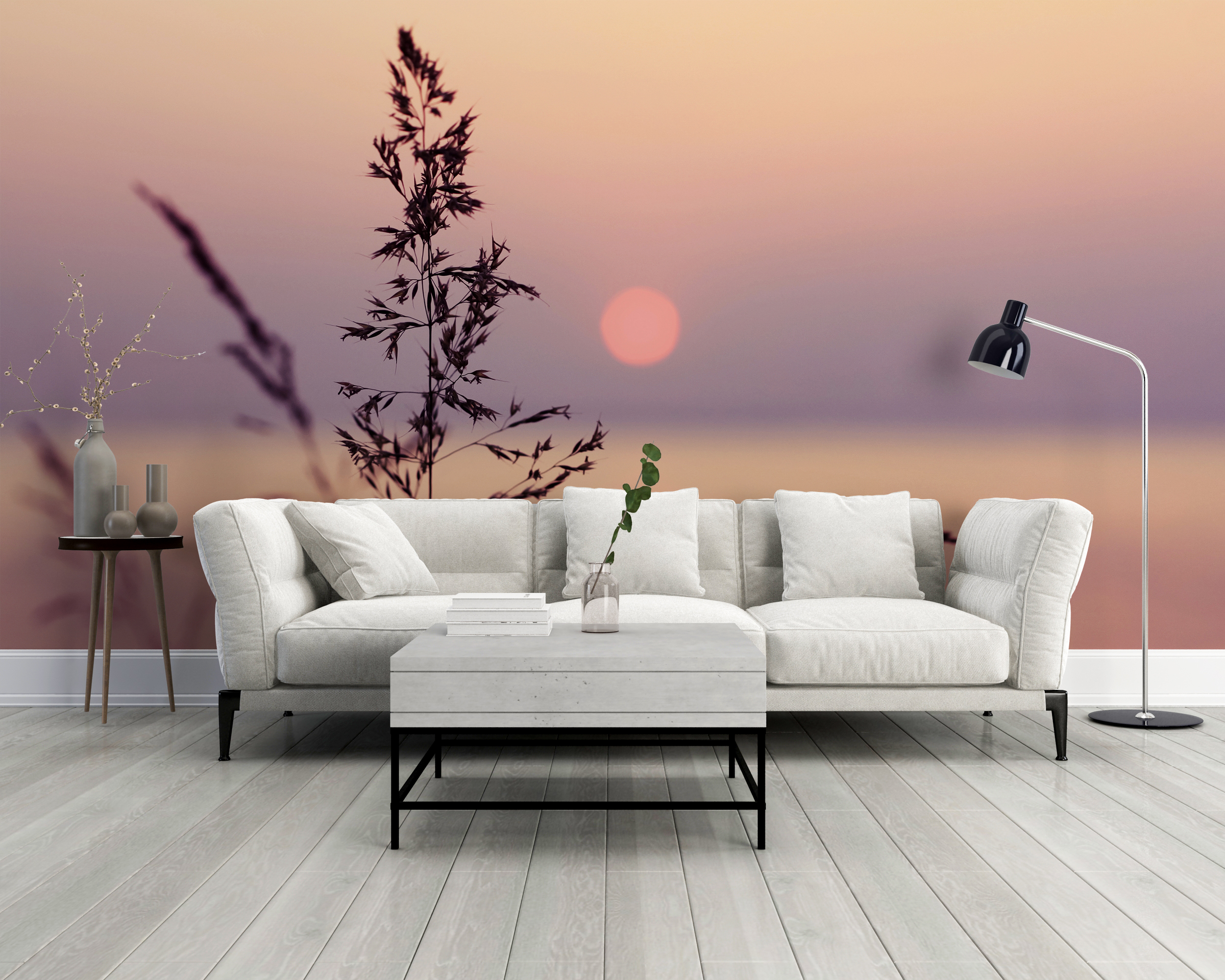 Wandgemälde von Gras im Sonnenuntergang