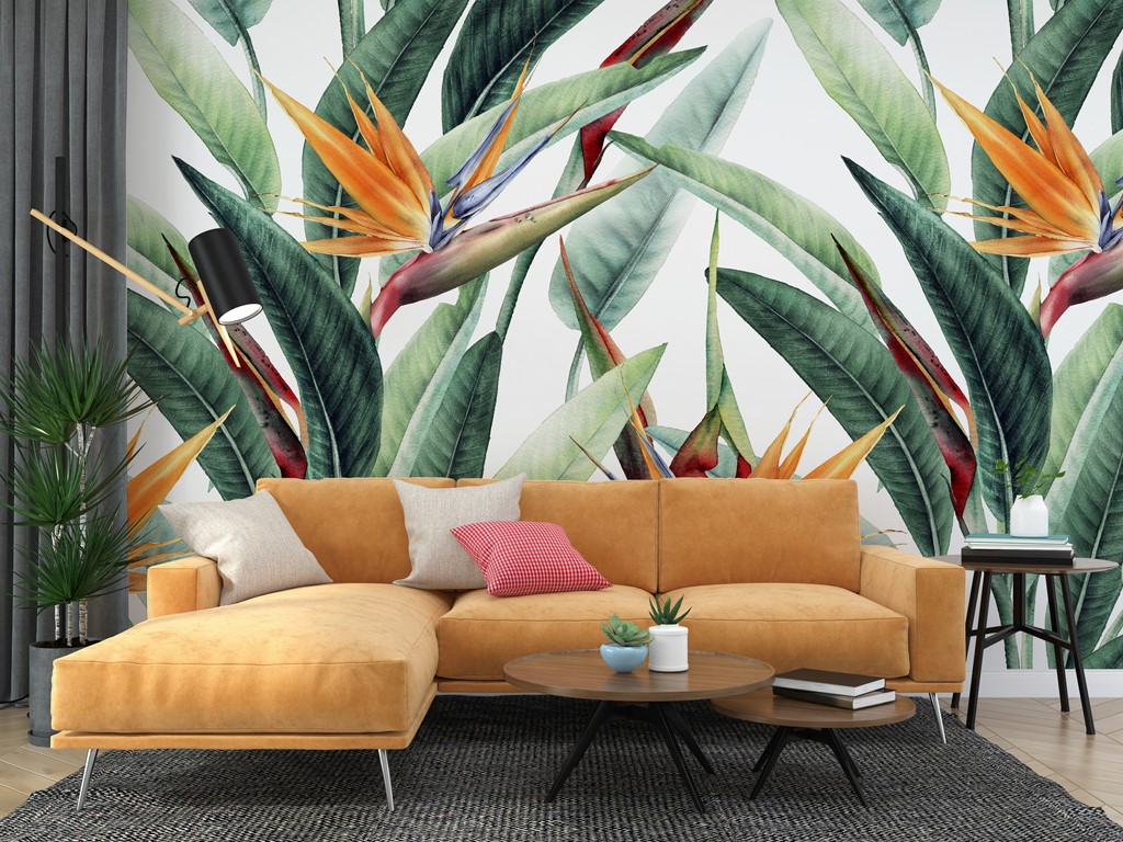 Wandmalerei in einem Strauß exotischer Blumen