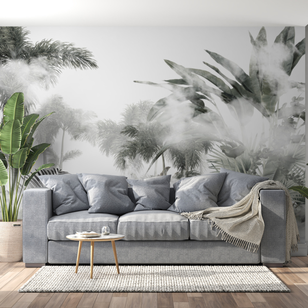Wandmalerei der Palmenspitzen hinter dem Nebel