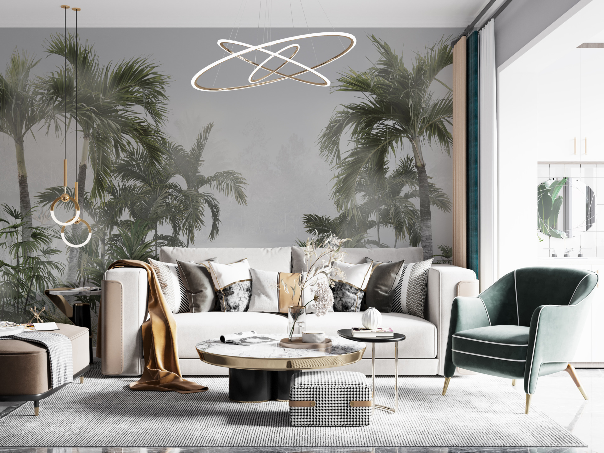 Wandgemälde Hohe Palmen im Nebel