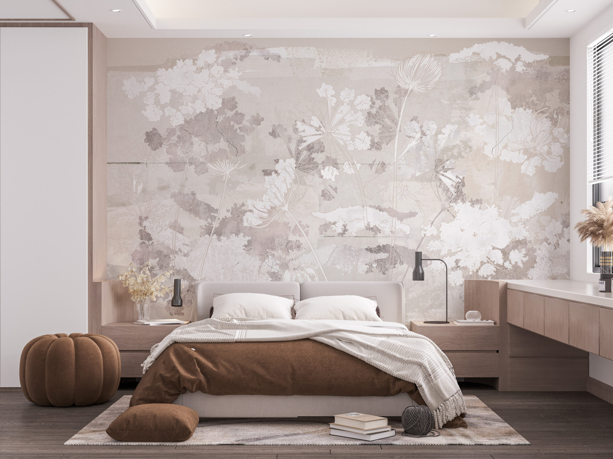 Wandgemälde Umriss von weißen Pflanzen