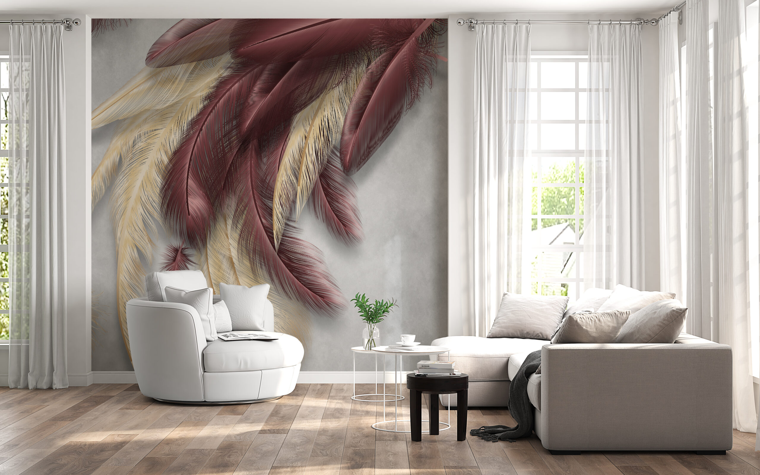 Fototapete mit goldenen und kastanienbraunen Federn