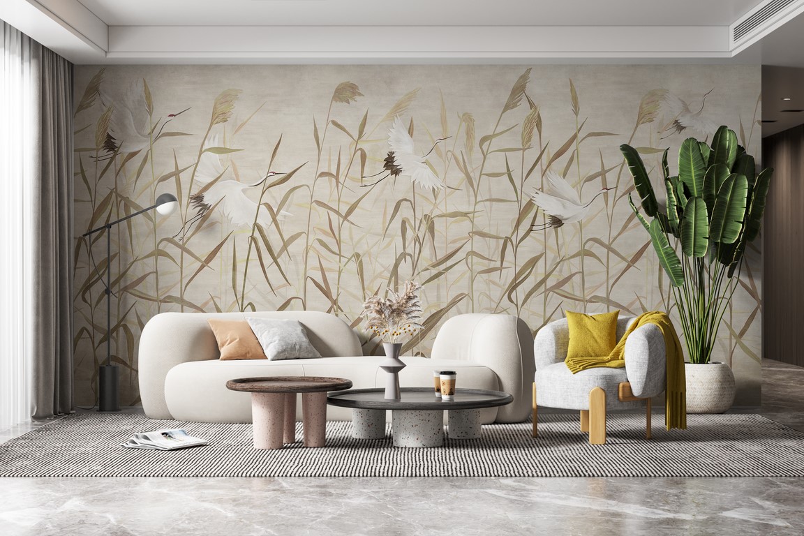 Wandmalerei Kraniche zwischen Gräsern