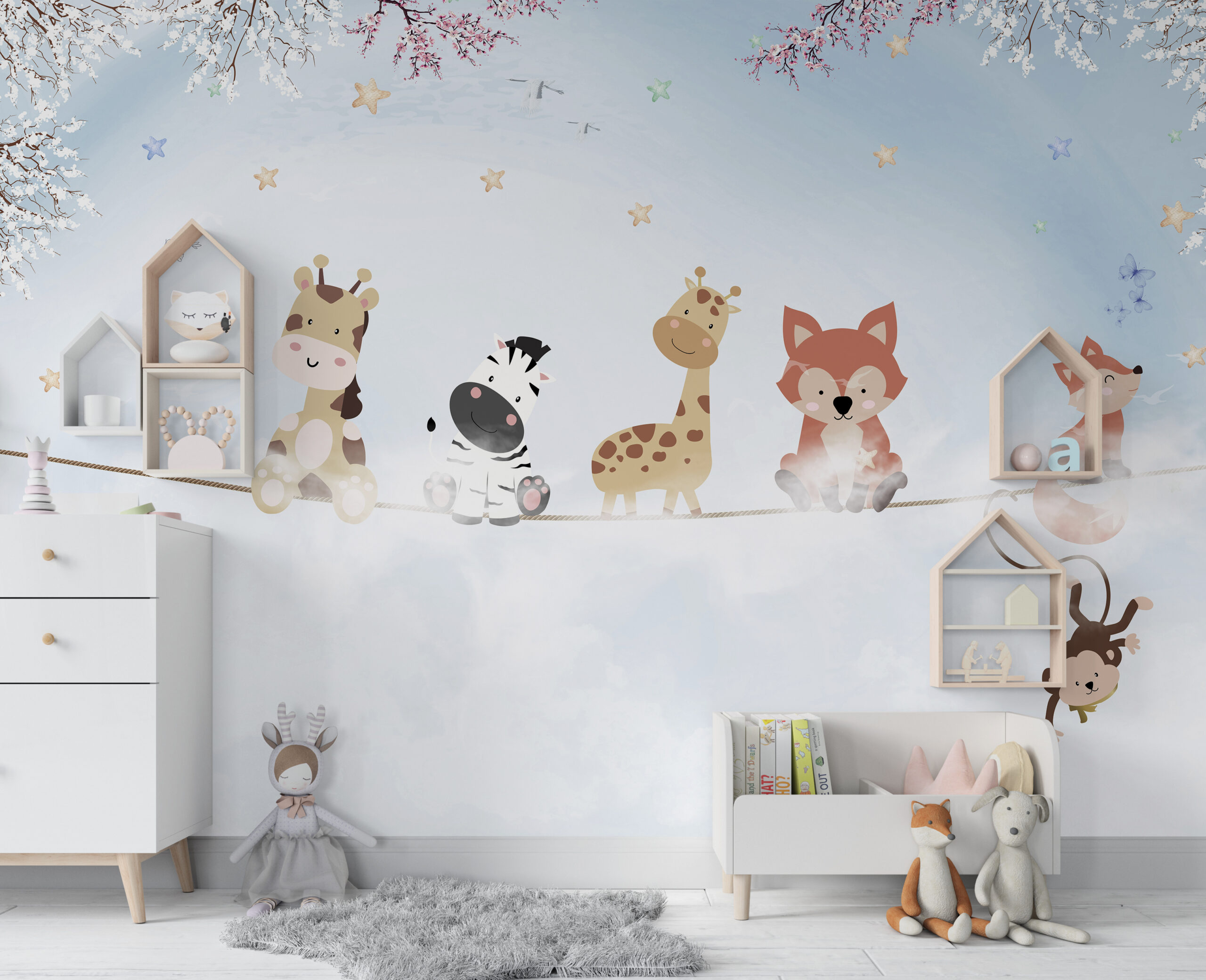 Wandmalerei mit Tieren auf einem Seil