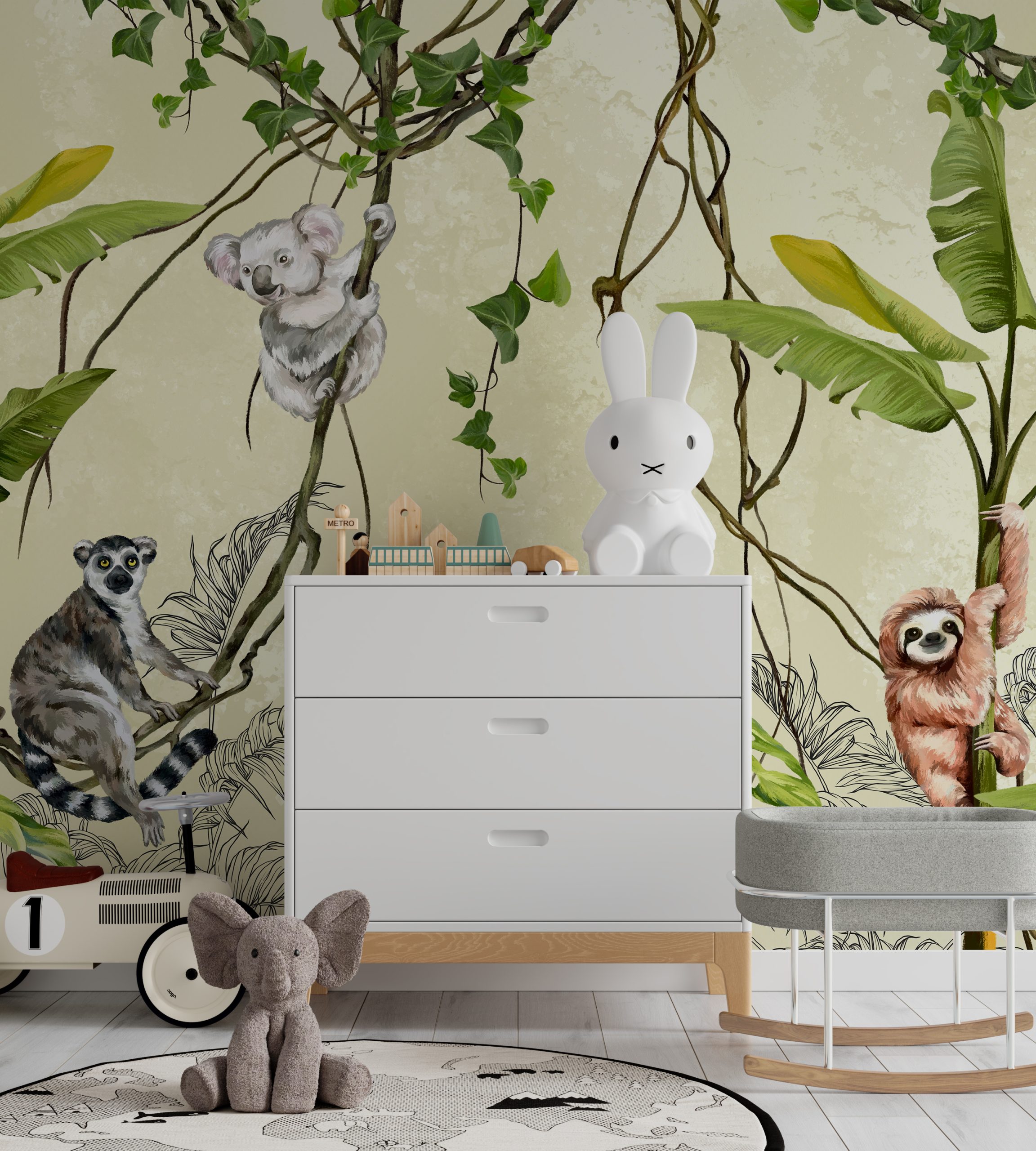 Wandmalerei mit Tieren auf Lianen