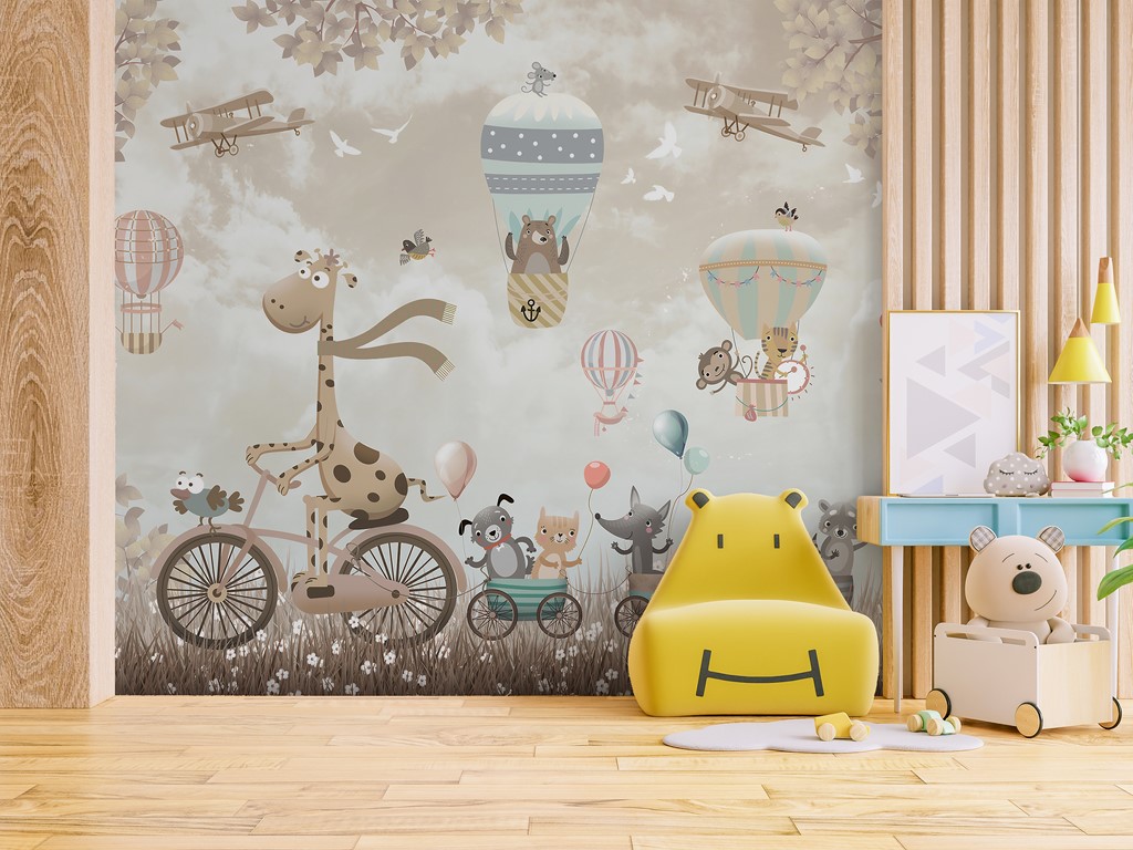 Fototapete mit einer Giraffe auf einem Fahrrad für Kinder