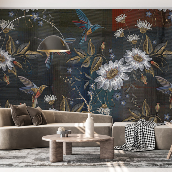 Fototapete Weiße Blumen und Kolibris