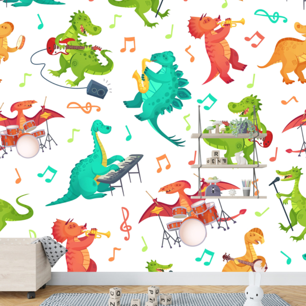 Wandgemälde mit musikalischen Dinosauriern