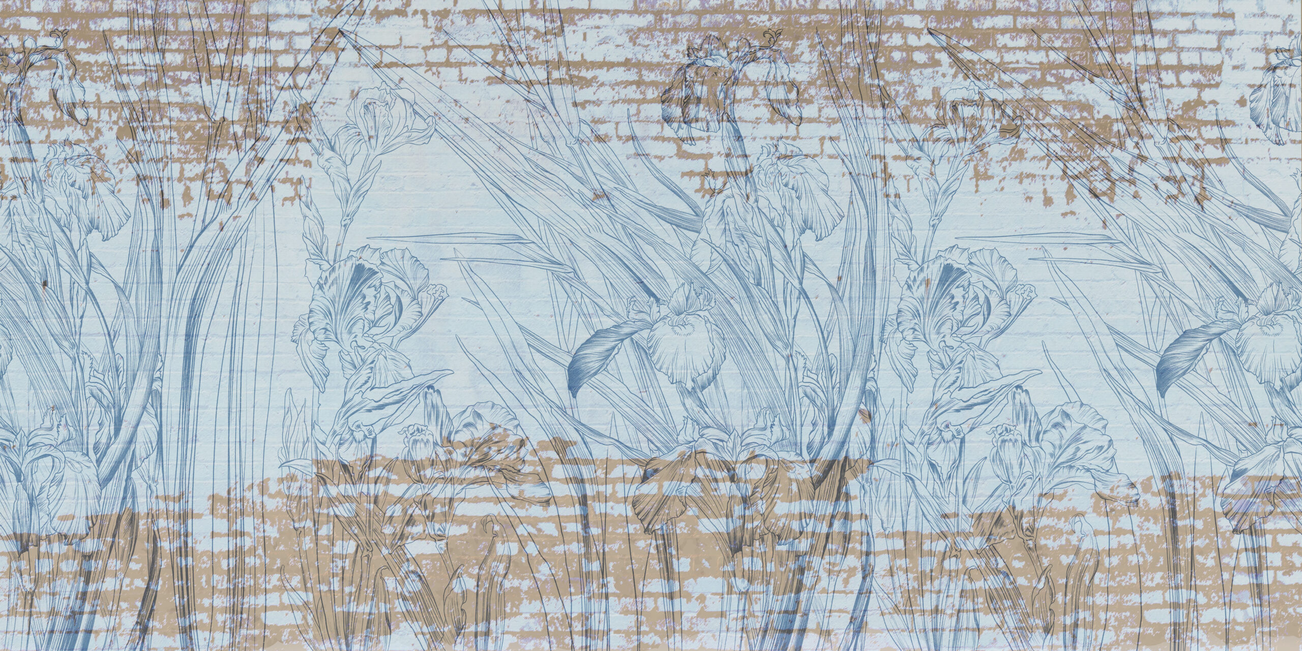 Graphic,Irises,Flowers,Painted,On,A,Brick,Grunge,Wall.,Floral