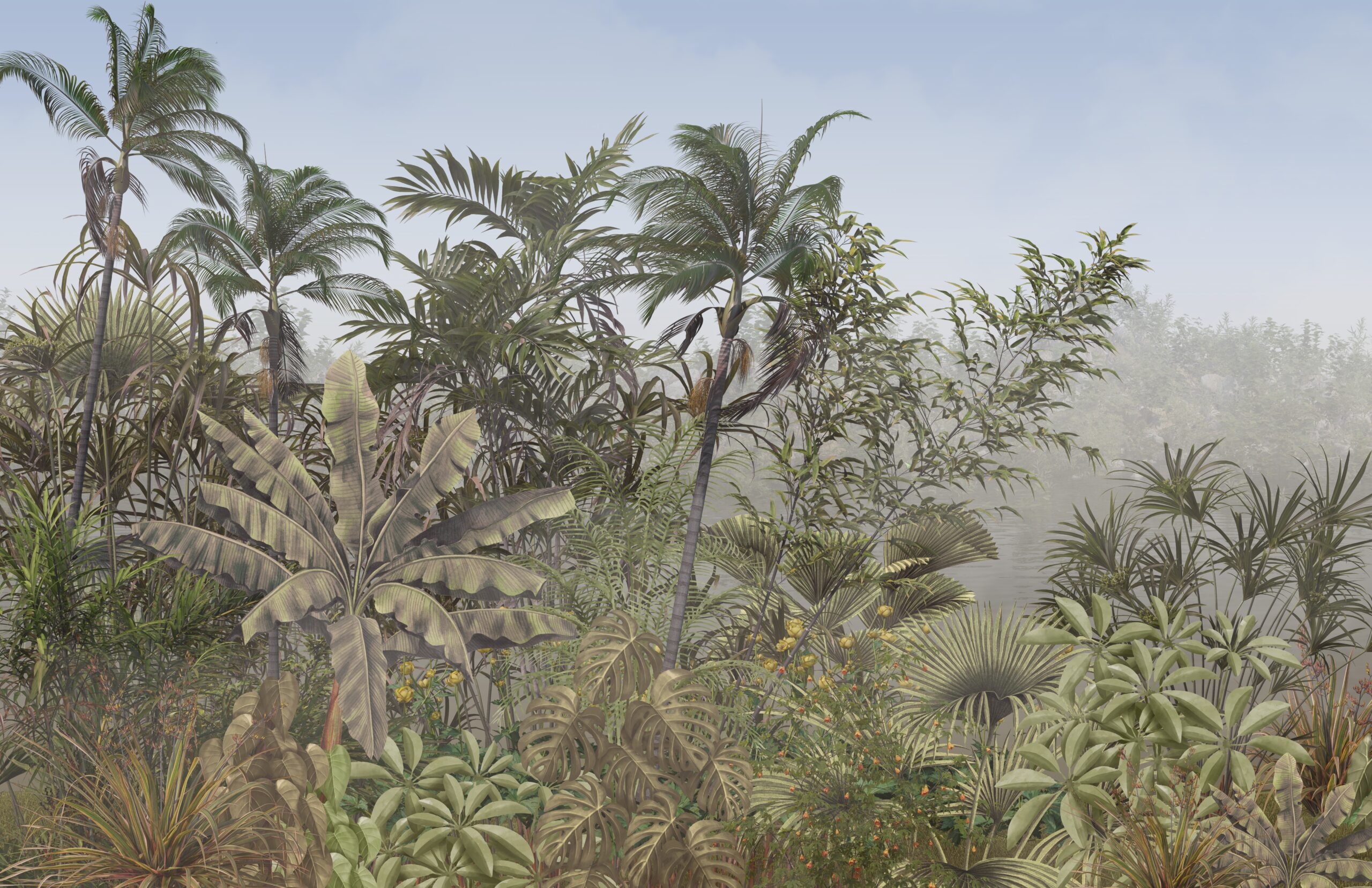 Tropical,Trees,And,Leaves,Wallpaper,Design,In,Foggy,Forest,-