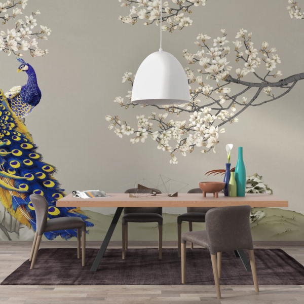 Fototapete Pfau und Kirschblüte