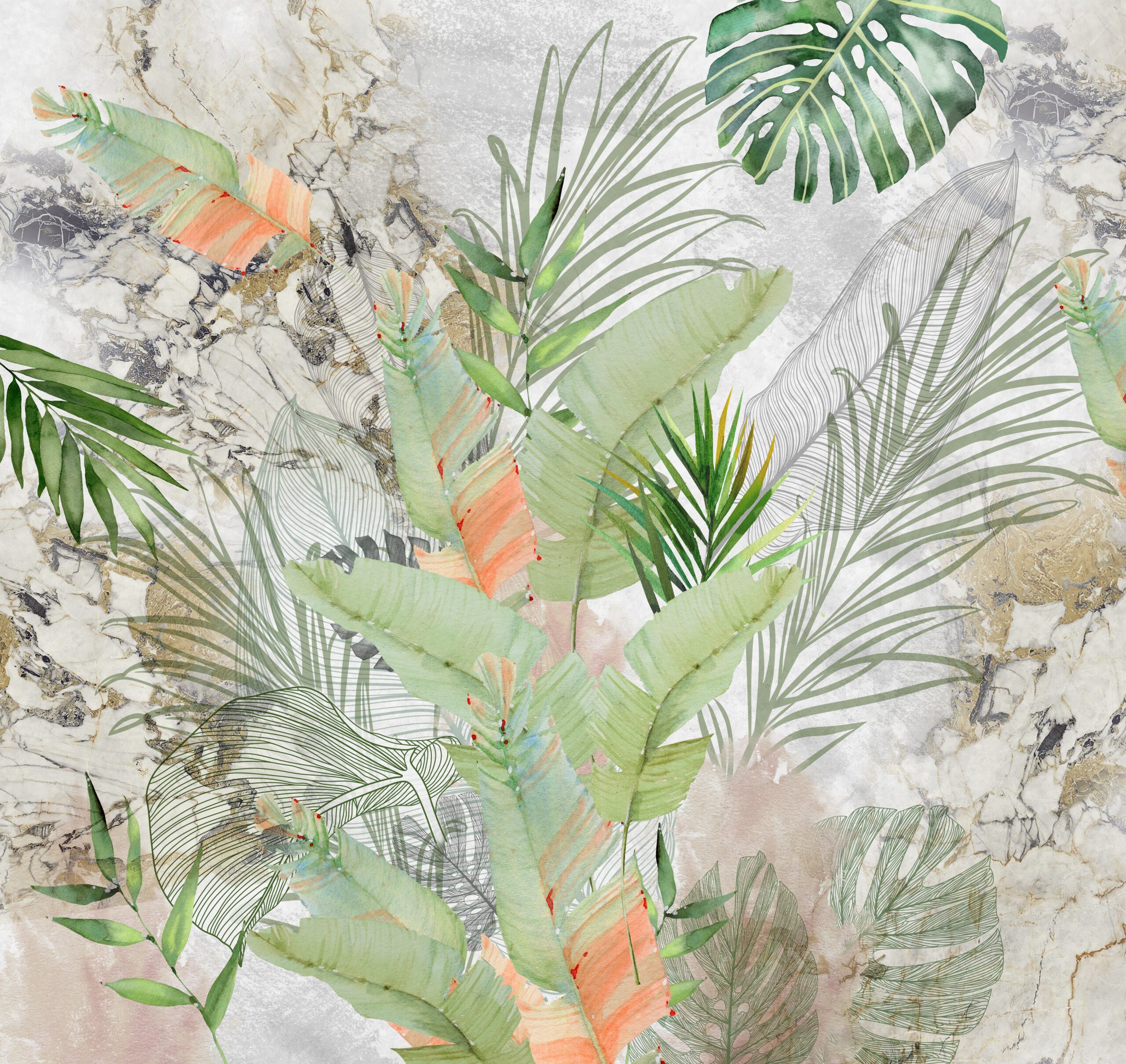 Watercolor,Leaves,Green,With,Orange,On,Marble,Background,Different,Exotic