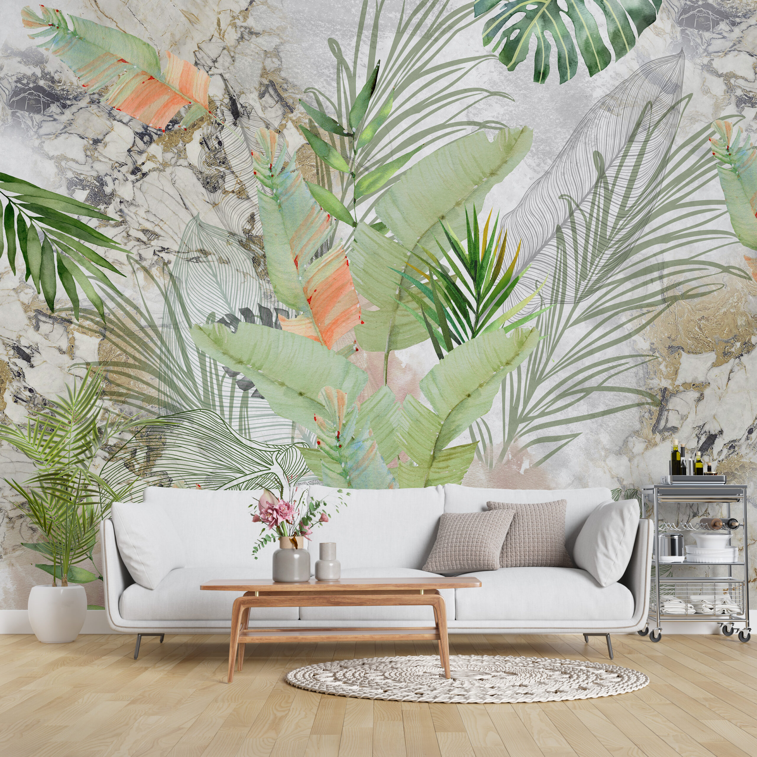 Fototapete Tropische Blätter aus Marmor
