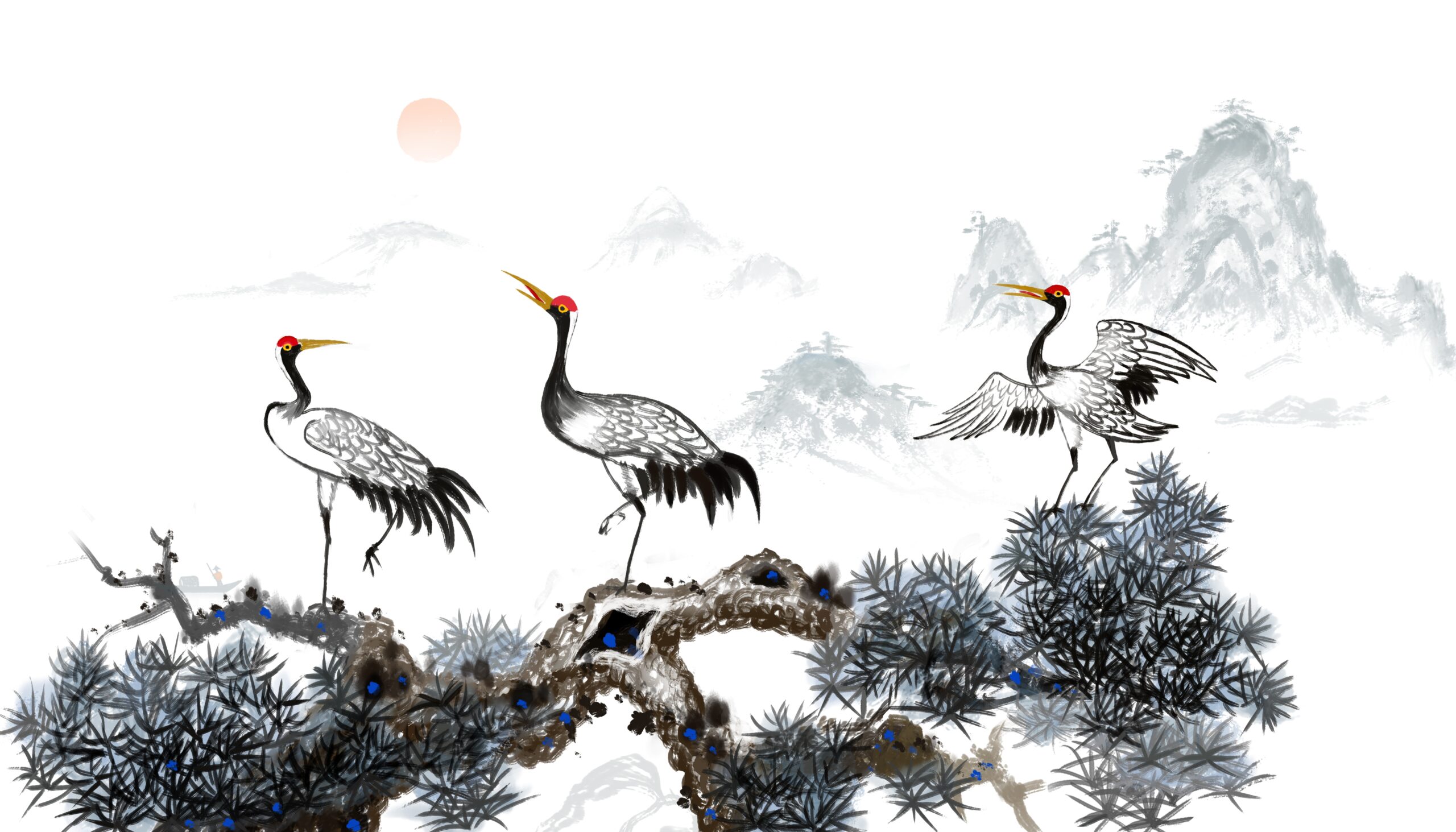 Pine,Crane,Year-end,Chinese,Ink,Painting