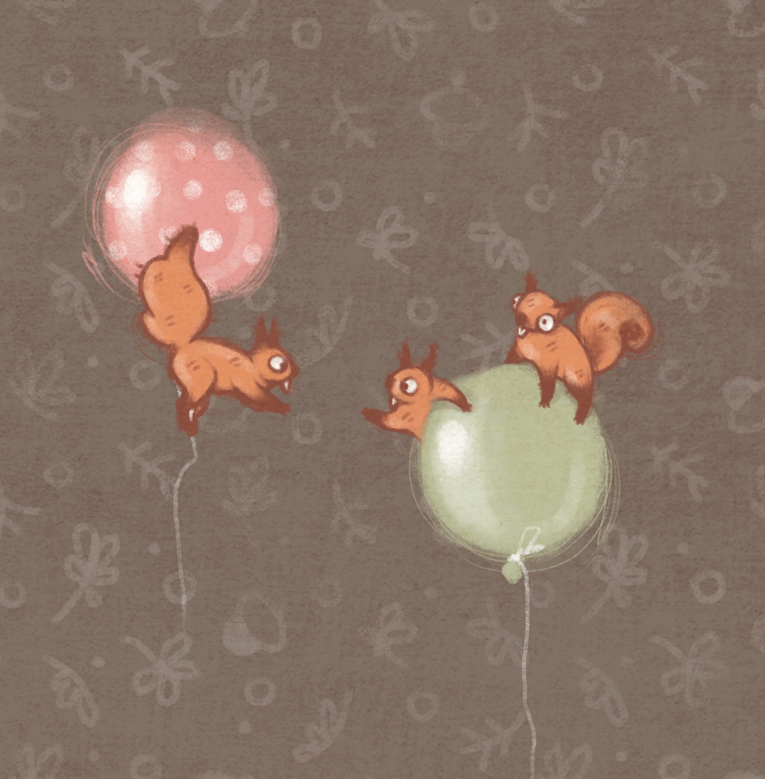 Flying,Animals.,Squirrels,With,Balloons.,Chalk,Illustration.,Wallpapet,And,Mural