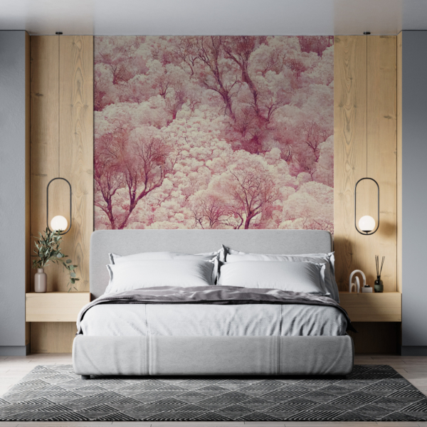 Wandgemälde eines rosa Waldes aus dem Flug eines Vogels