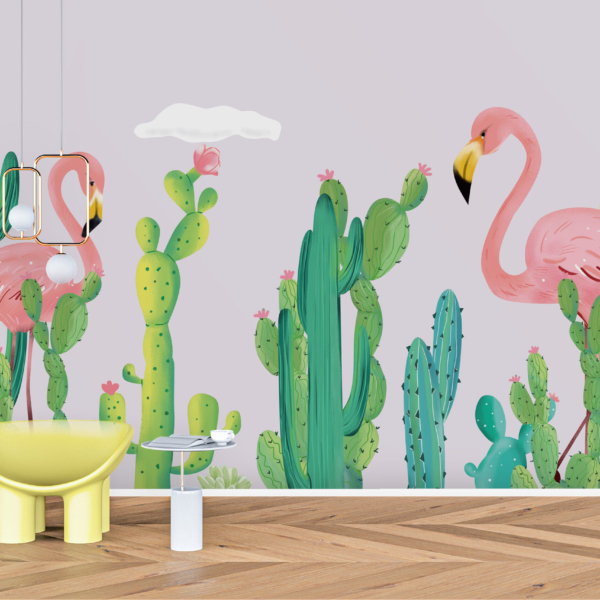 Wandgemälde mit Flamingos und Kakteen