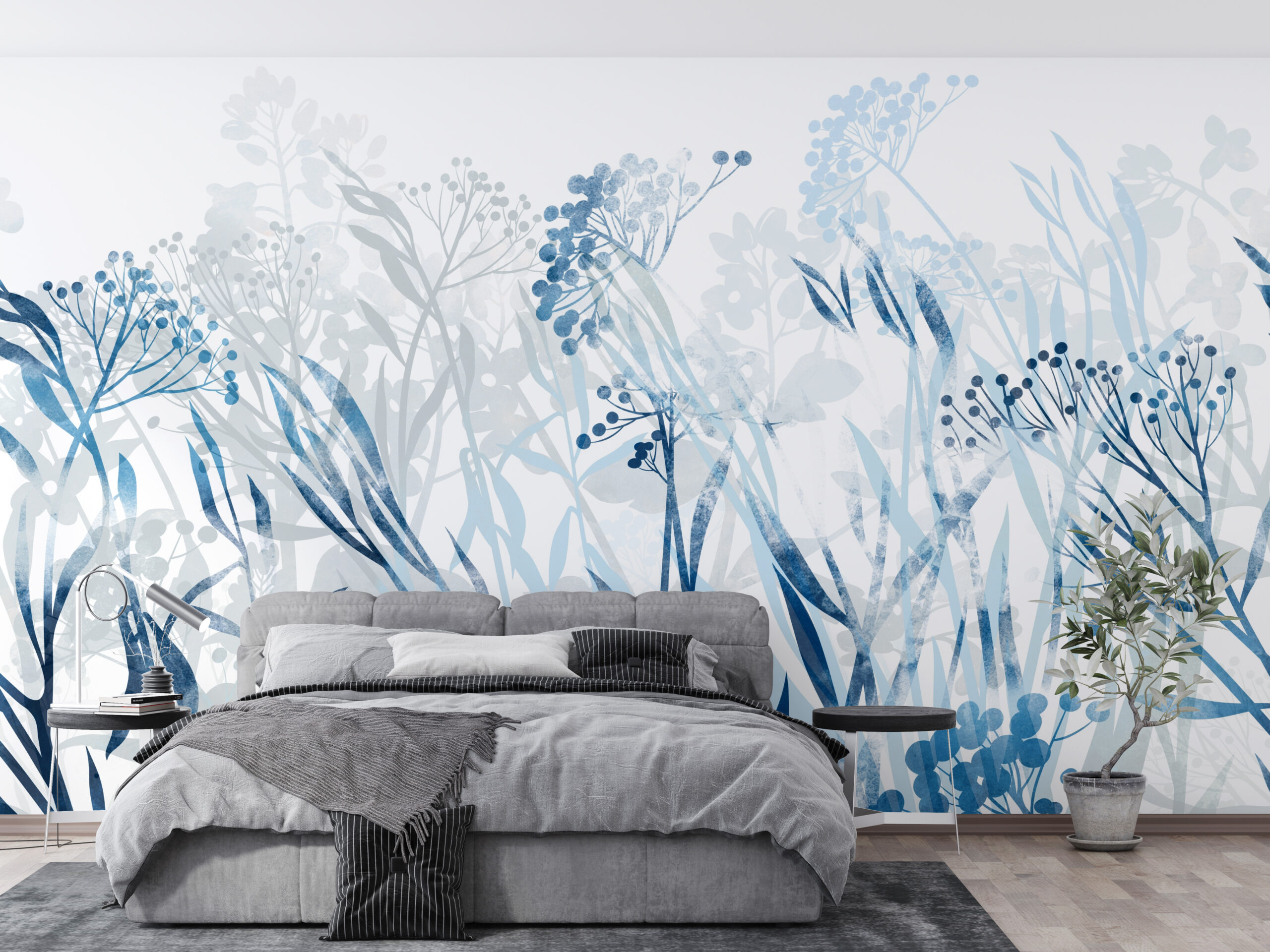 Fototapete Blaue Blumen in Weiß