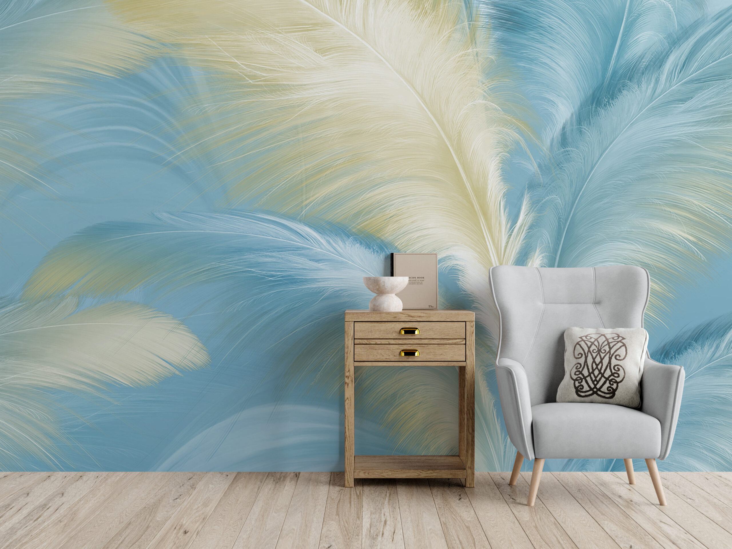 Fototapete mit blauen und goldenen Federn