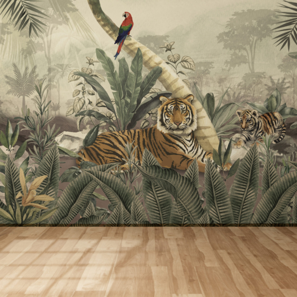 Wandgemälde Tiger vor einem Dschungel-Hintergrund