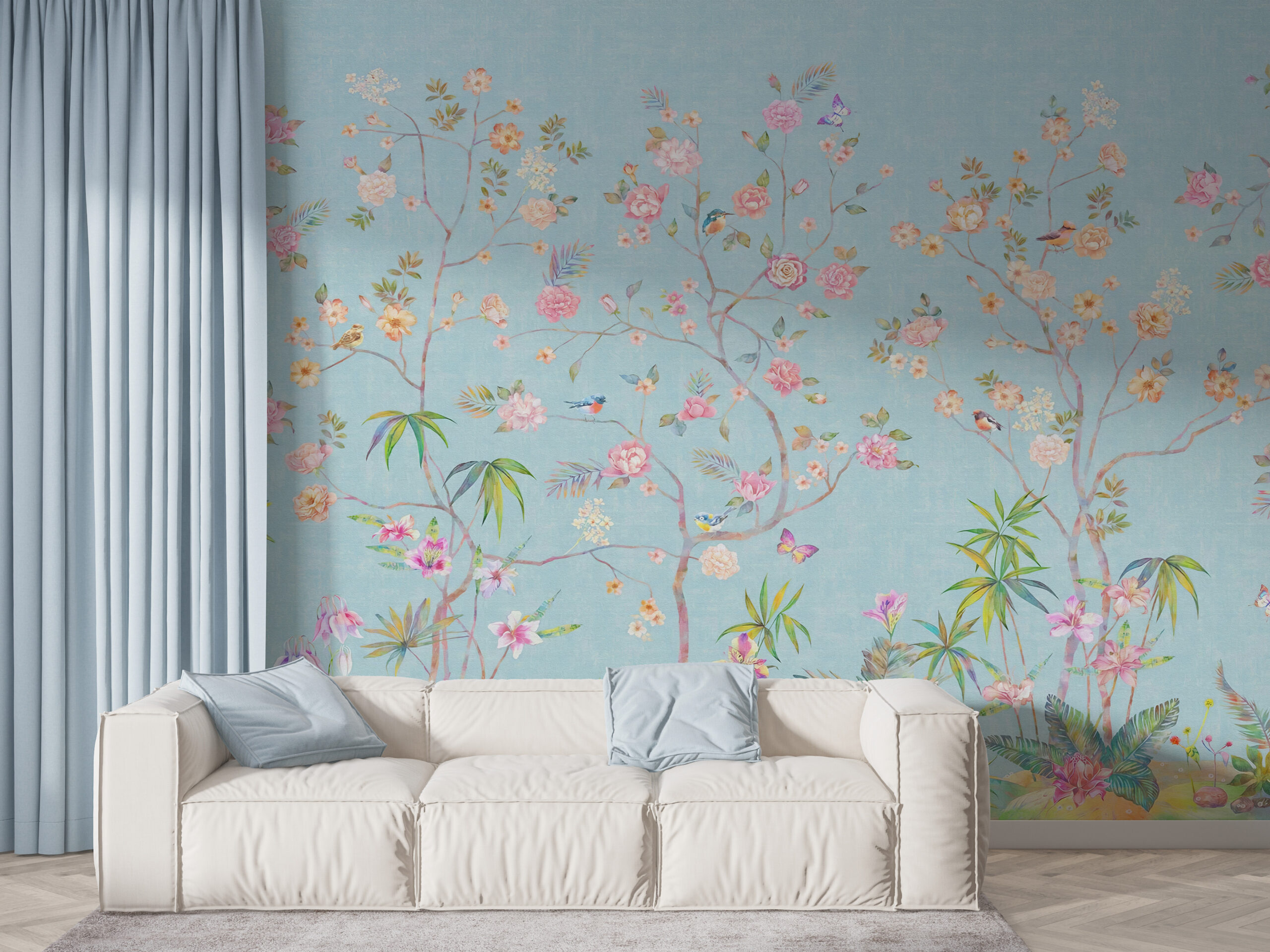 Tapete Blumen auf blauem Hintergrund