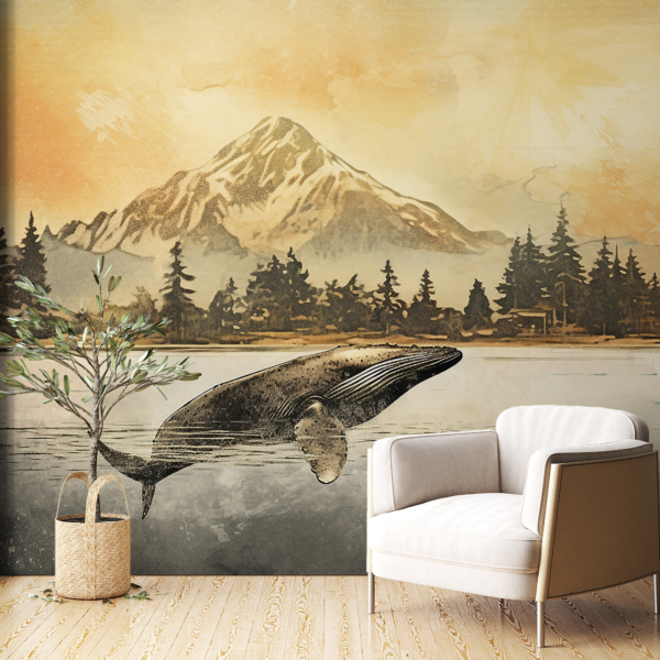 Wandgemälde eines Wals bei Sonnenuntergang