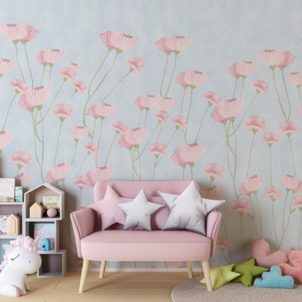 Fototapete Rosa Blumen auf blauem Hintergrund