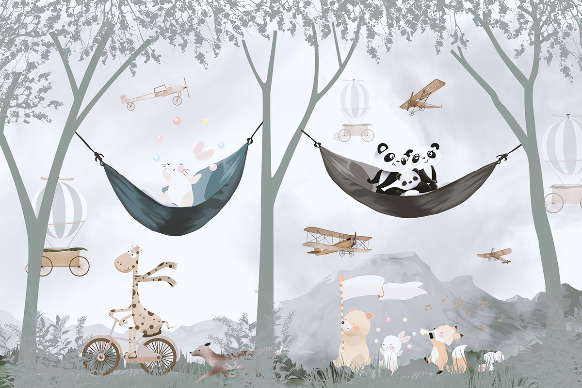 Cute,Animals,,Kids,Room,Wallpaper,Design,,3d,Illustration
