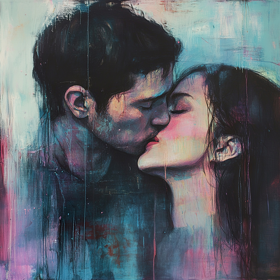 A passionate kiss: An abstract painting of a couple's tender emb