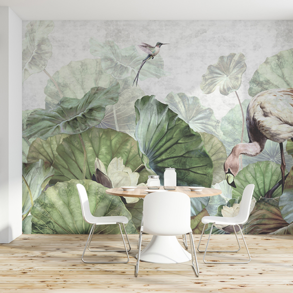 Fototapeten Seerosen und Flamingos