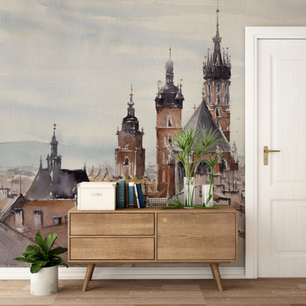Fototapeten Krakau – ein Panorama der Stadt im Aquarellstil