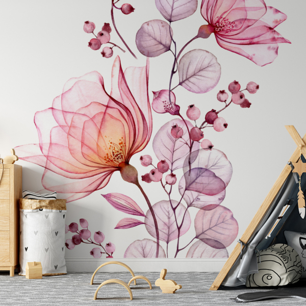 Fototapeten Zarte Blüten – botanisches Aquarell-Wandbild