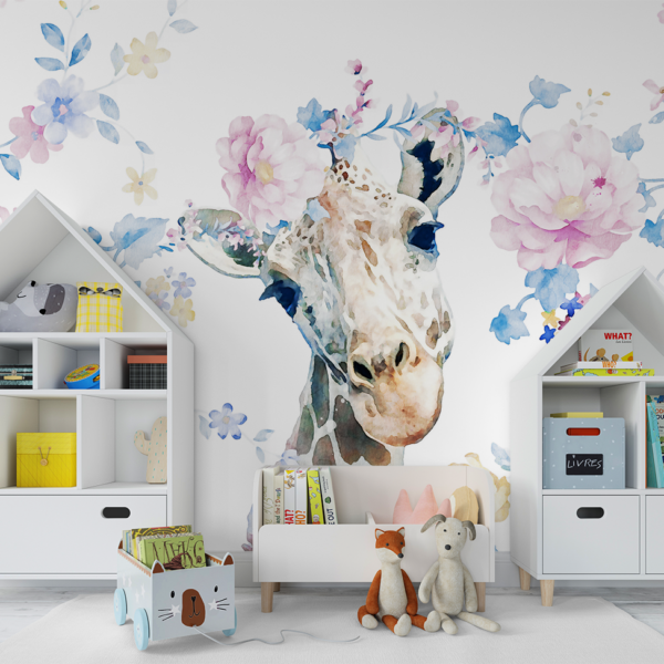 Fototapeten Giraffe umgeben von pastellfarbenen Blumen