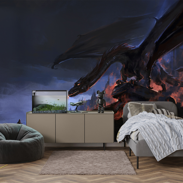 Fototapeten Der Drache über den brennenden Ruinen