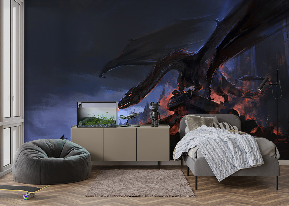 Fototapeten Der Drache über den brennenden Ruinen