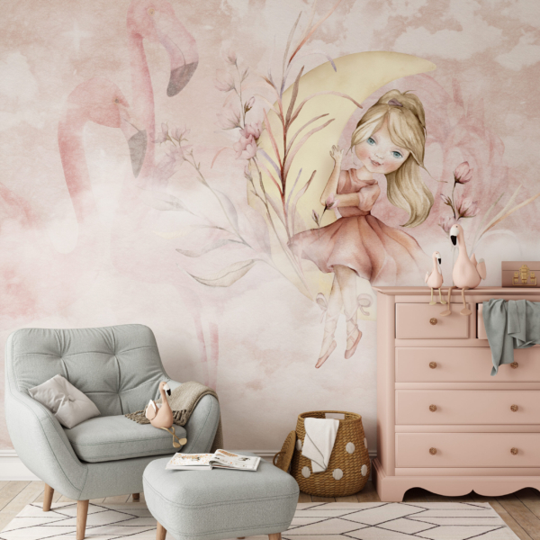 Fototapeten Das Mädchen im Mond und die Flamingos