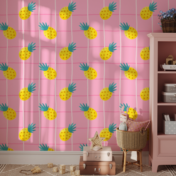 Fototapeten Gelbe Ananas auf rosa Karo