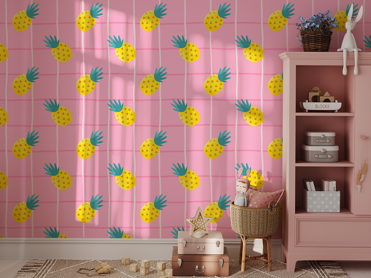 Fototapeten Gelbe Ananas auf rosa Karo