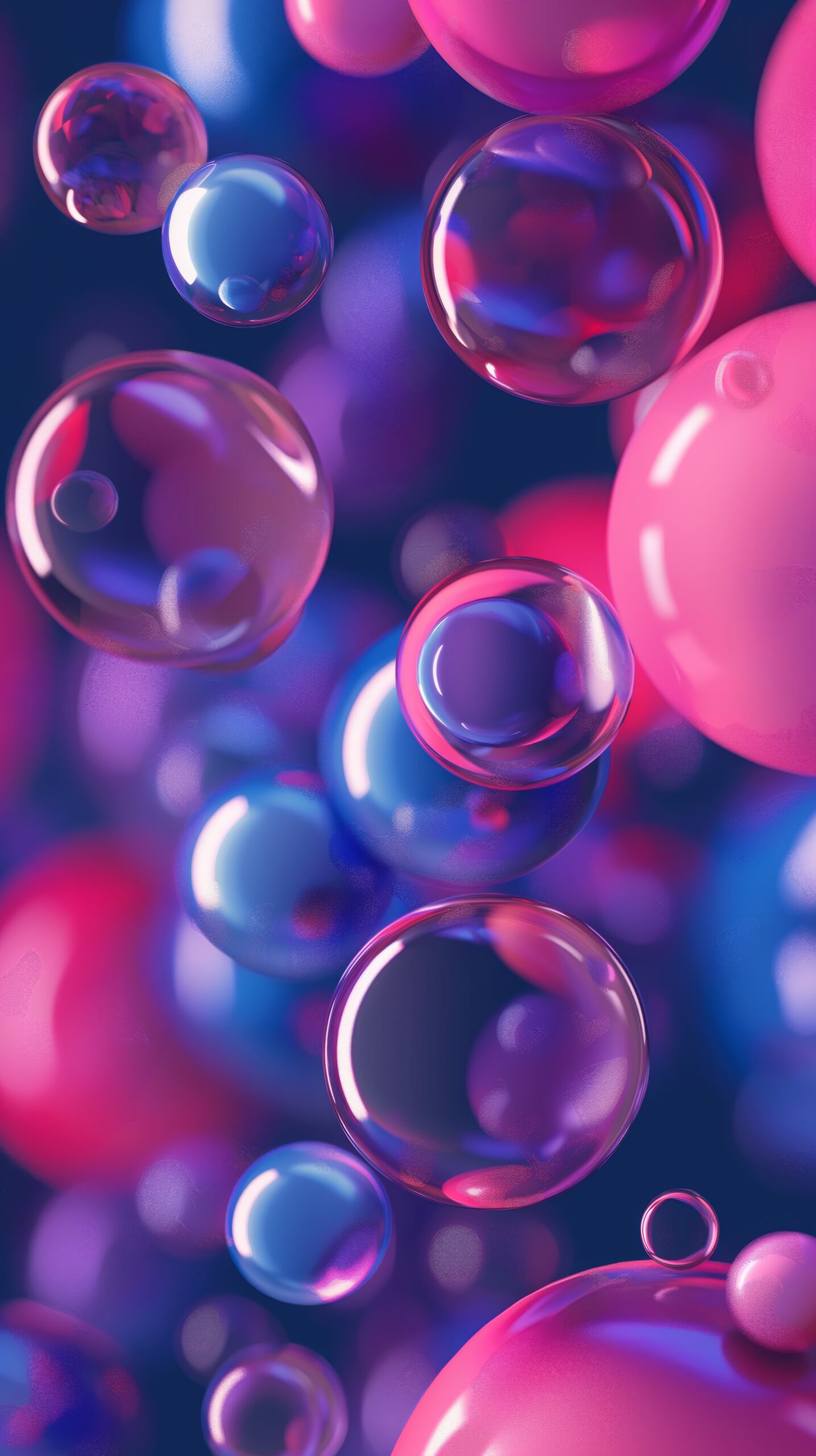 Vibrant 3D rendering of floating bubbles, gradient from deep blue to bright pink, digital art background