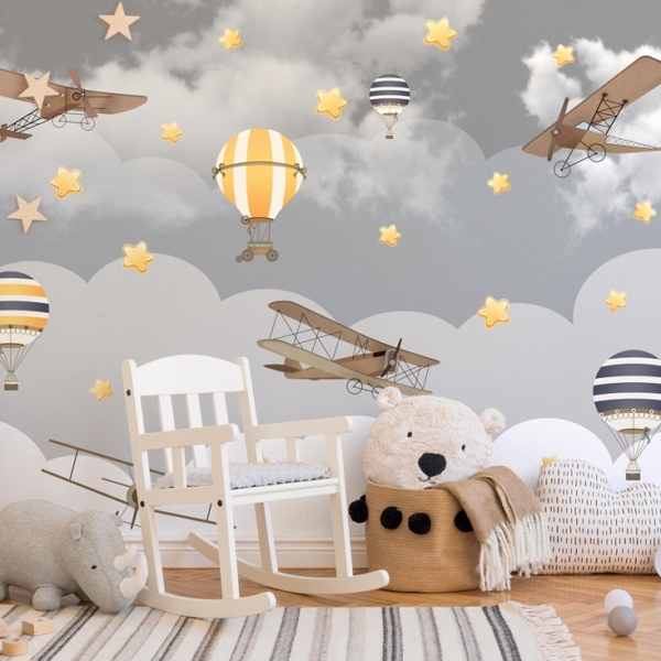 Fototapeten Ballons und Flugzeuge in den Wolken