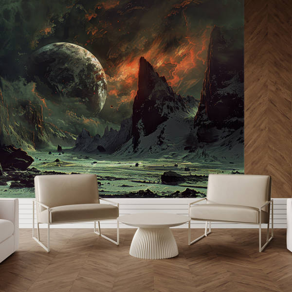 Fototapeten Außerirdischer Planet über dem felsigen Land