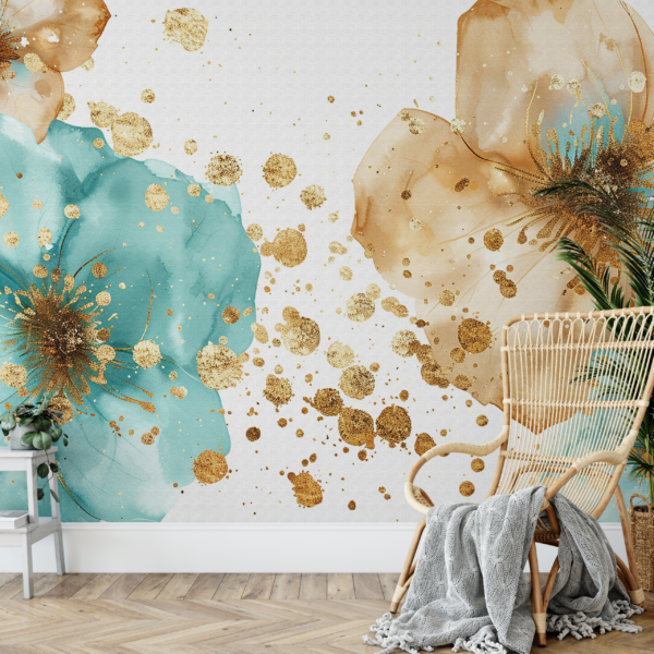 Fototapeten Aquarellblumen mit Gold