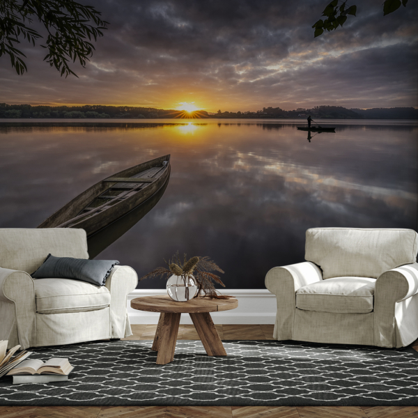 Fototapeten Boot bei Sonnenuntergang
