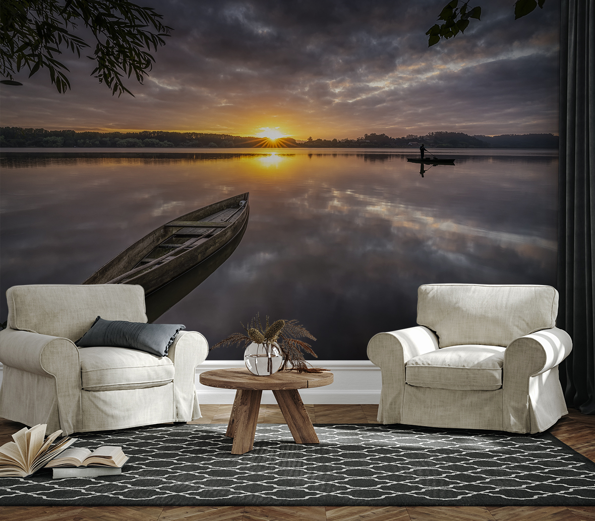 Fototapeten Boot bei Sonnenuntergang