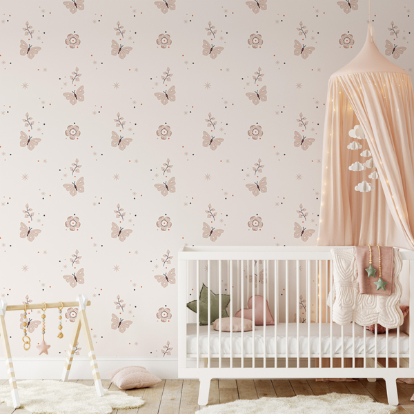 Fototapeten Beige Schmetterlinge und Blumen